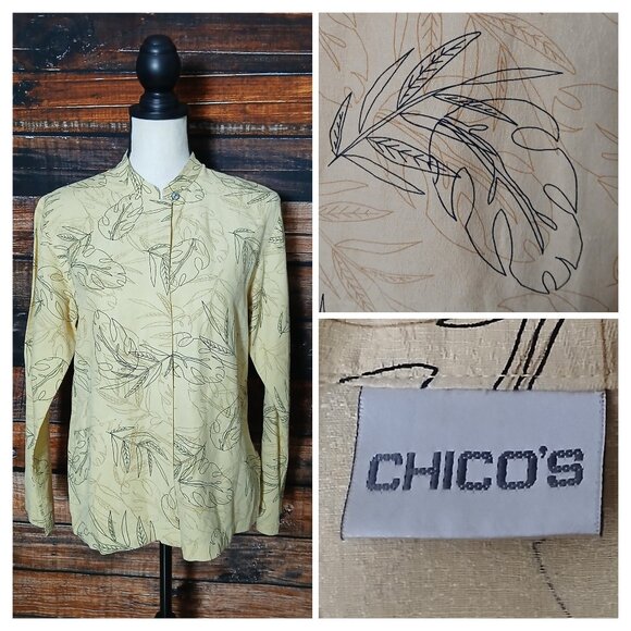 Chico's Blouse Size 0 S Silk Linen Blend Button Front Top Leaf Print Tan - Picture 1 of 9